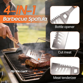 Udihch tongs, spatula, and grill fork designed for precise flips and control.