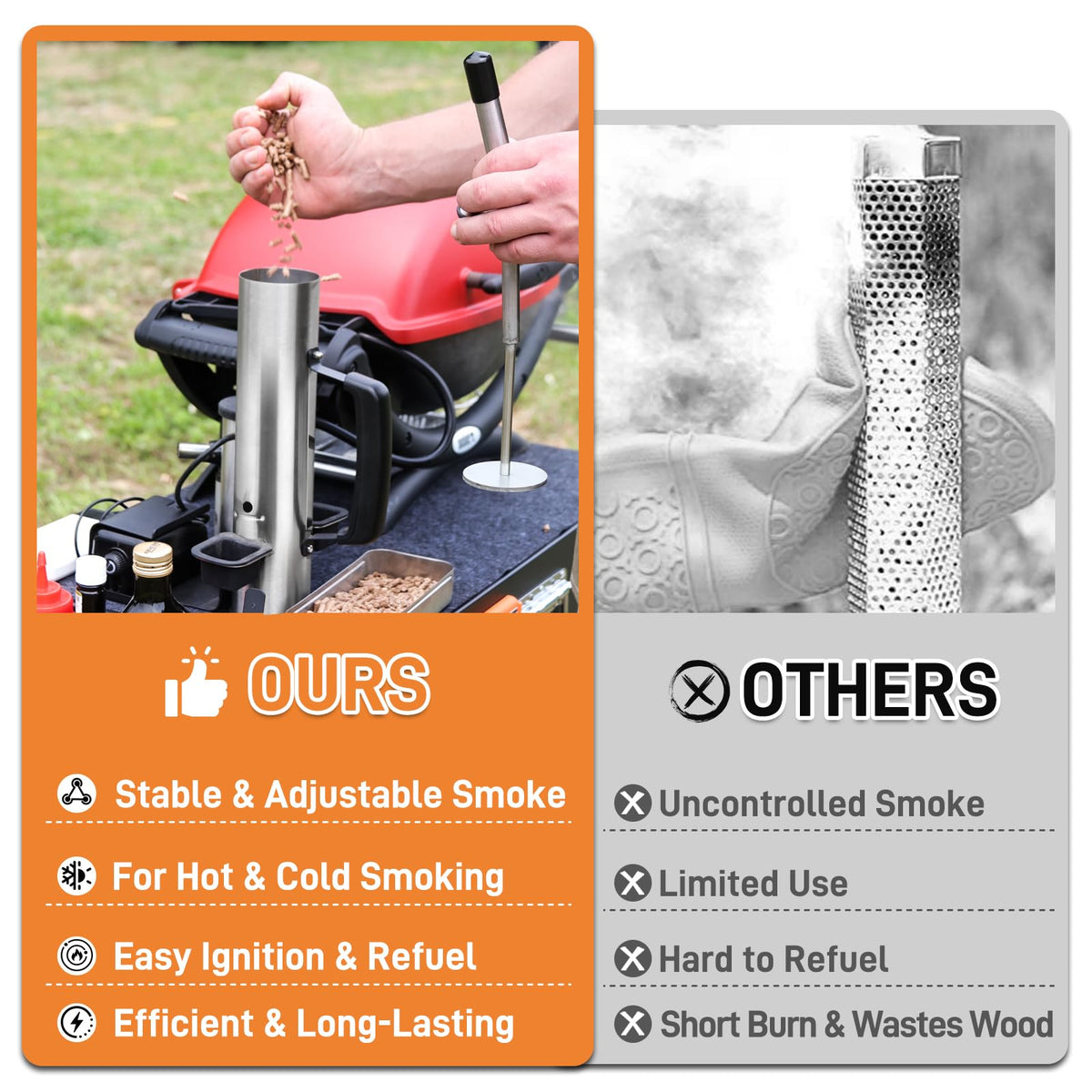 Ueiticsk dual-tube filter design reduces moisture and tar during burn.