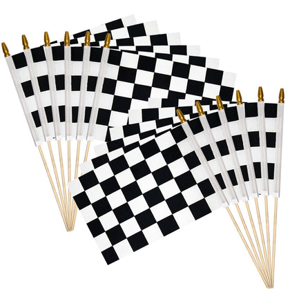 Uelfbaby checkered flags on sticks for race events, indoor and outdoor display.