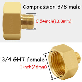 Uenede 3-4 GHT female to 3-8 compression male adapter enables easy hose integration.