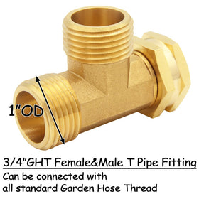 Uenede brass 3/4 inch GHT swivel tee assembled for garden hose setup.