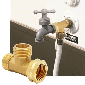 Uenede brass 3/4 inch GHT swivel tee at an angle illustrating easy connection.
