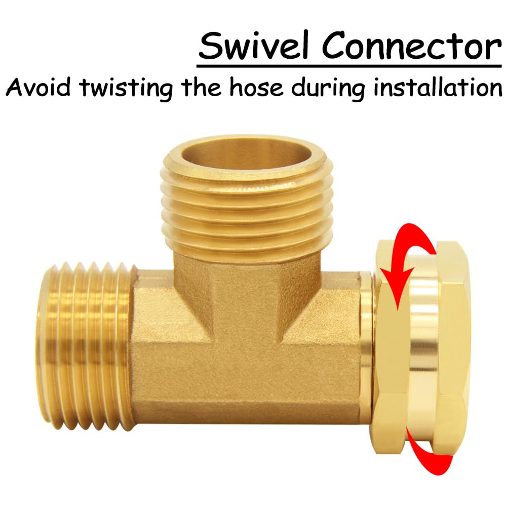 Uenede brass 3/4 inch GHT swivel tee with threaded ends for hoses.