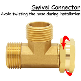 Uenede brass 3/4 inch GHT swivel tee with threaded ends for hoses.