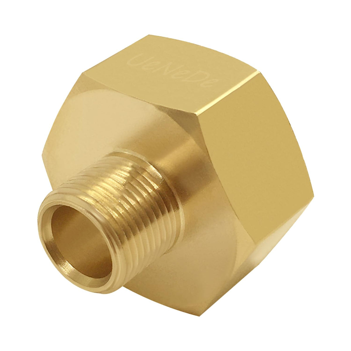 Uenede water line reducer connects valves to hoses in utility spaces.