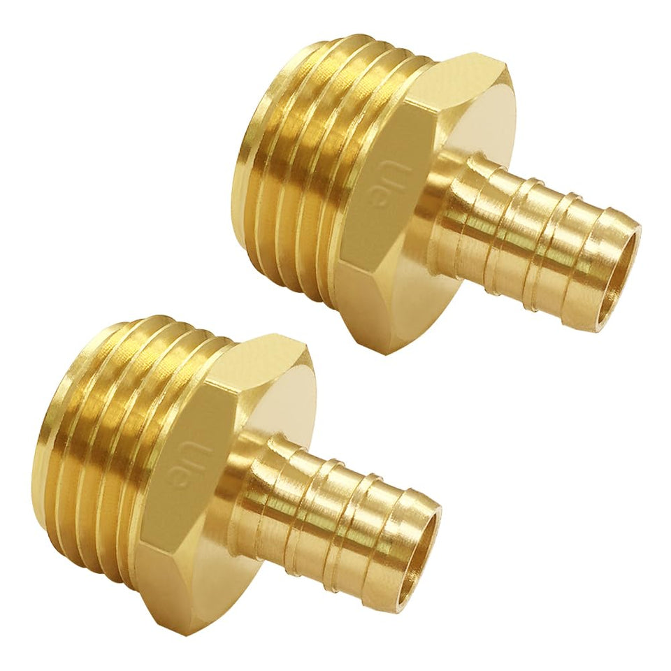 Uenede solid brass PEX barb to 3/4 GHT connector closeup, durable and corrosion-resistant.