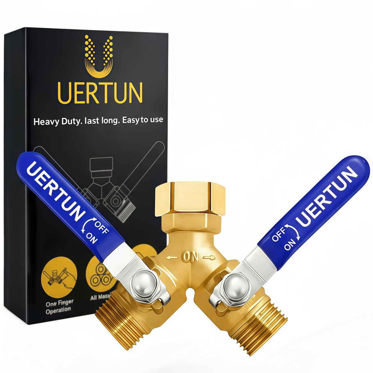 UERTUN brass two-way hose splitter close-up shows durability and leak-free design.