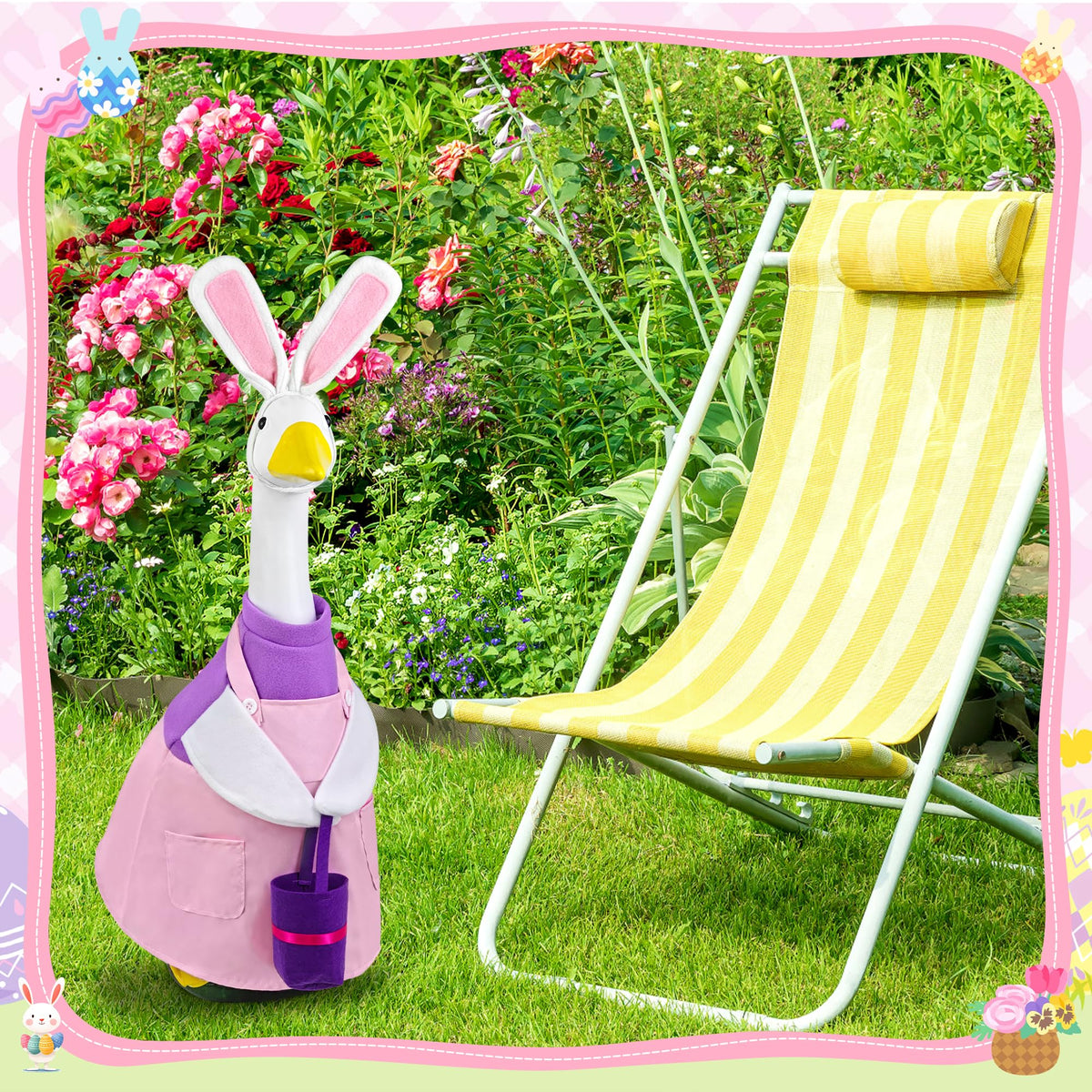 Ueyben bunny ear headband adds secure Easter flair for a lawn goose.
