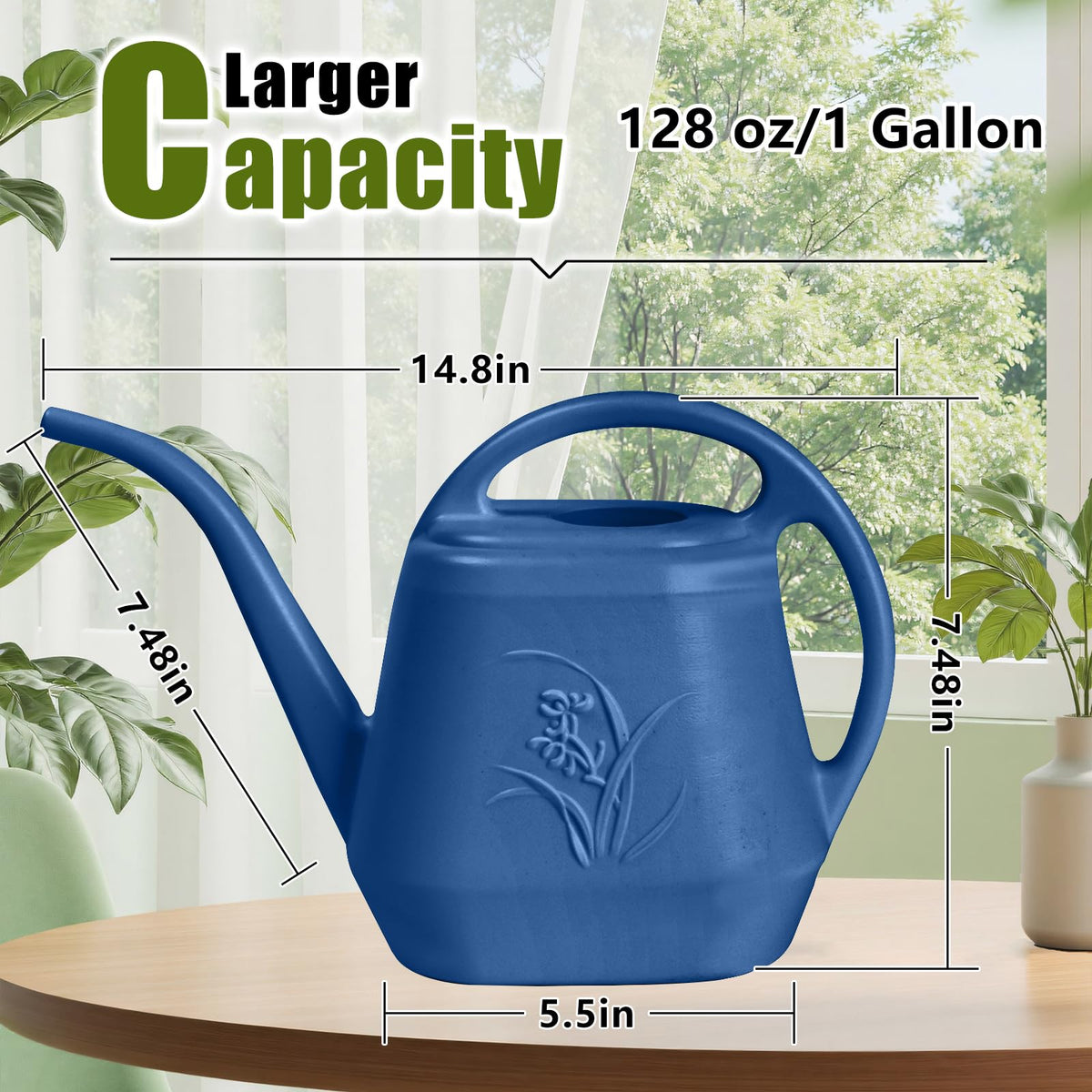 UFANME blue plastic watering can with top handle for easy carrying.
