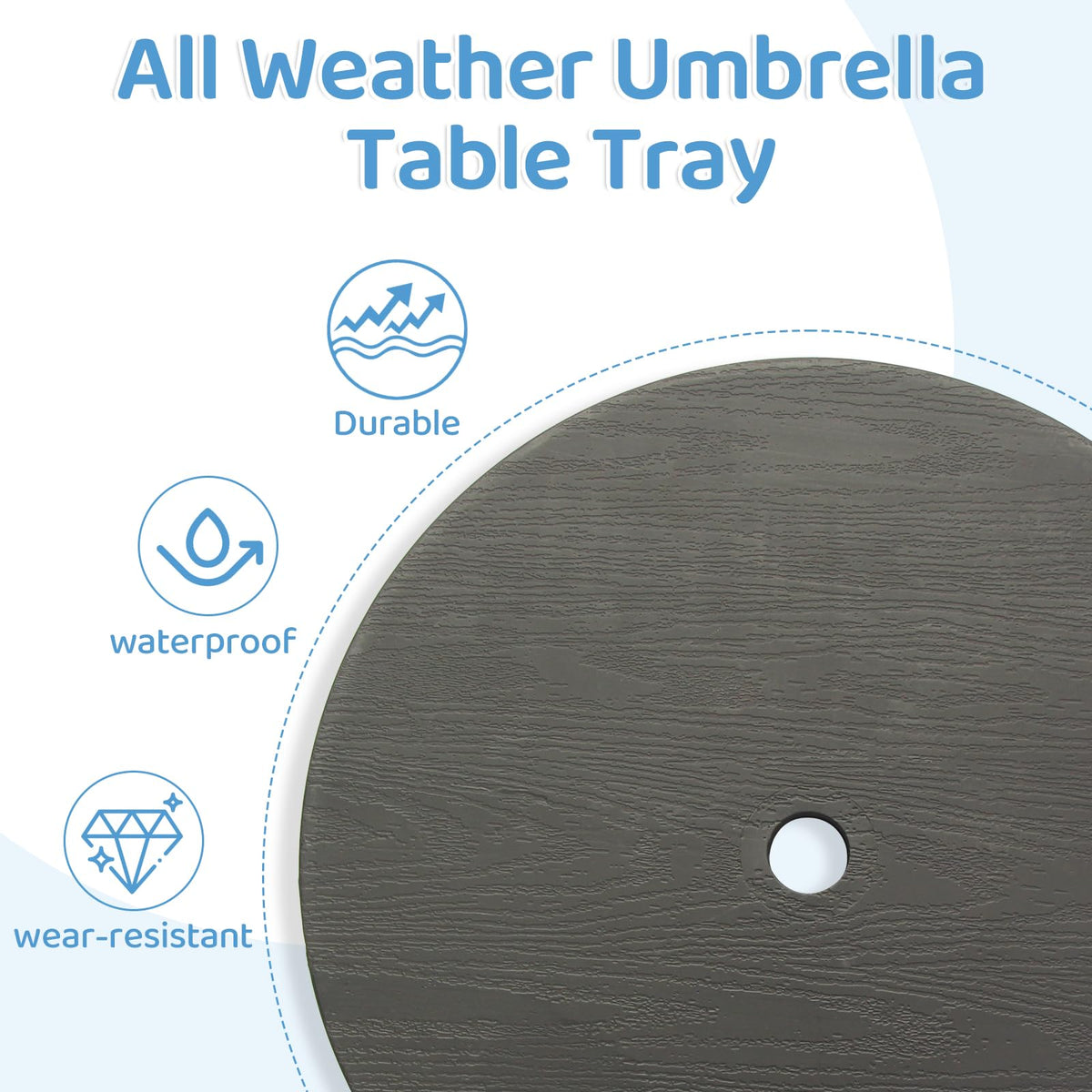 UFavo Home umbrella table tray top view highlighting the 20 inch round surface