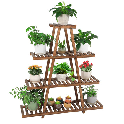 Ufine 4-tier A-frame plant stand front view showing sturdy pine wood