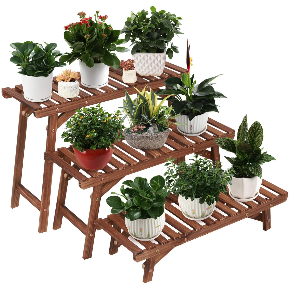 Ufine ladder shelf three-tier wood plant stand for versatile indoor or outdoor display