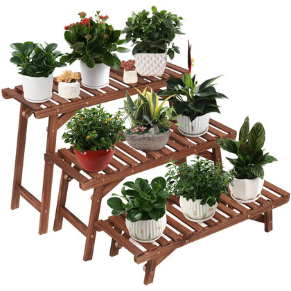 Ufine ladder shelf three-tier wood plant stand for versatile indoor or outdoor display
