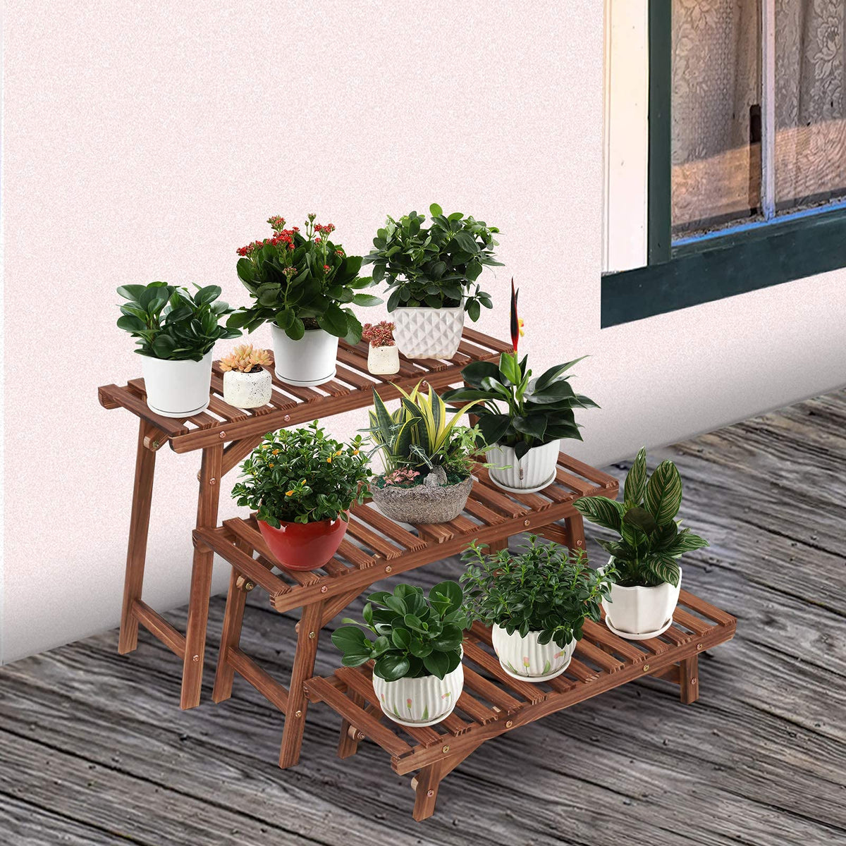 Ufine succulent display stand highlights small plants on wood tiers