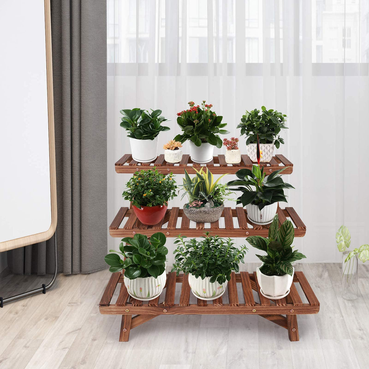 Ufine wood plant display rack for indoor or outdoor use