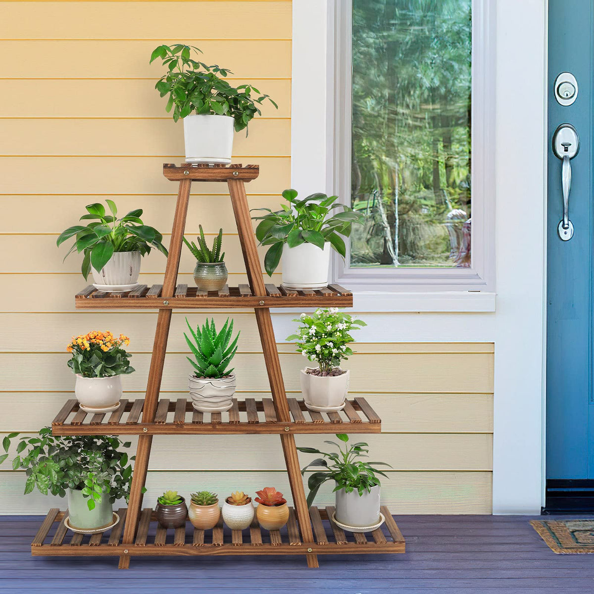 Ufine plant stand side angle displaying staggered levels for plant display
