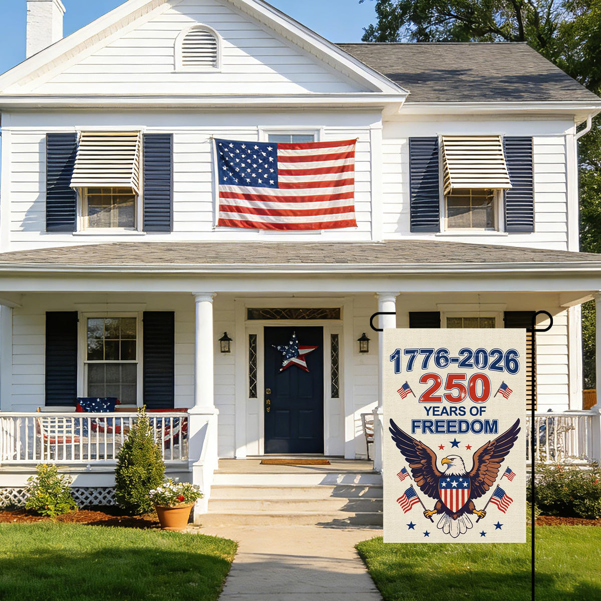 Uflashmi flag draped in a sunny yard shows colorful curb appeal.