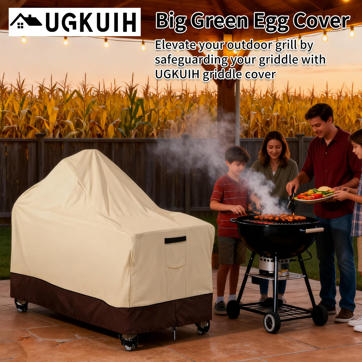 UGKUIH big green egg cover side view showing durable outdoor protection