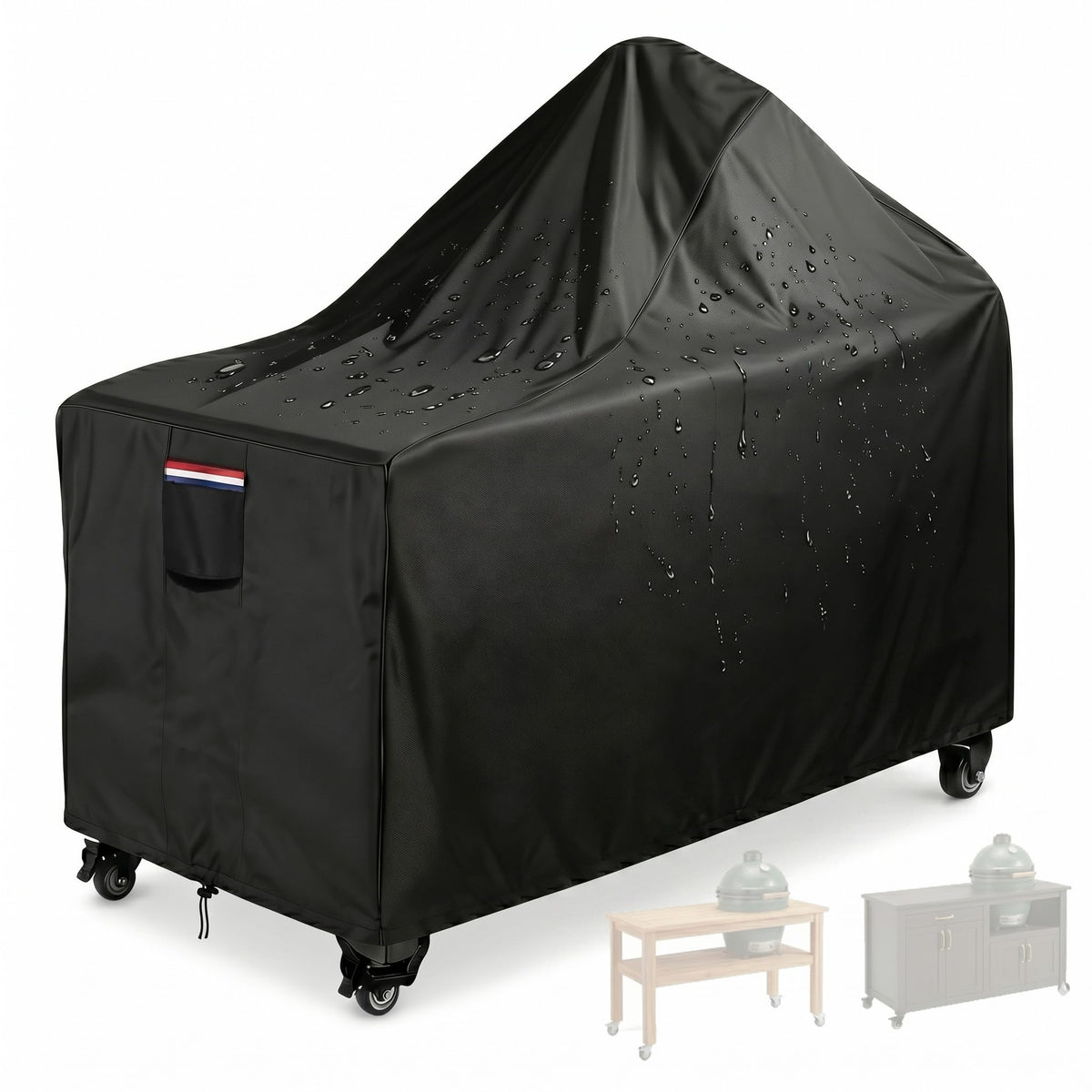 UGKUIH Big Green Egg Cover on a 60-inch table protects against rain and dust.