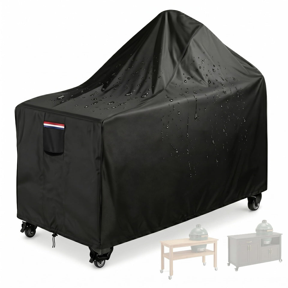 UGKUIH Big Green Egg Cover on a 60-inch table protects against rain and dust.