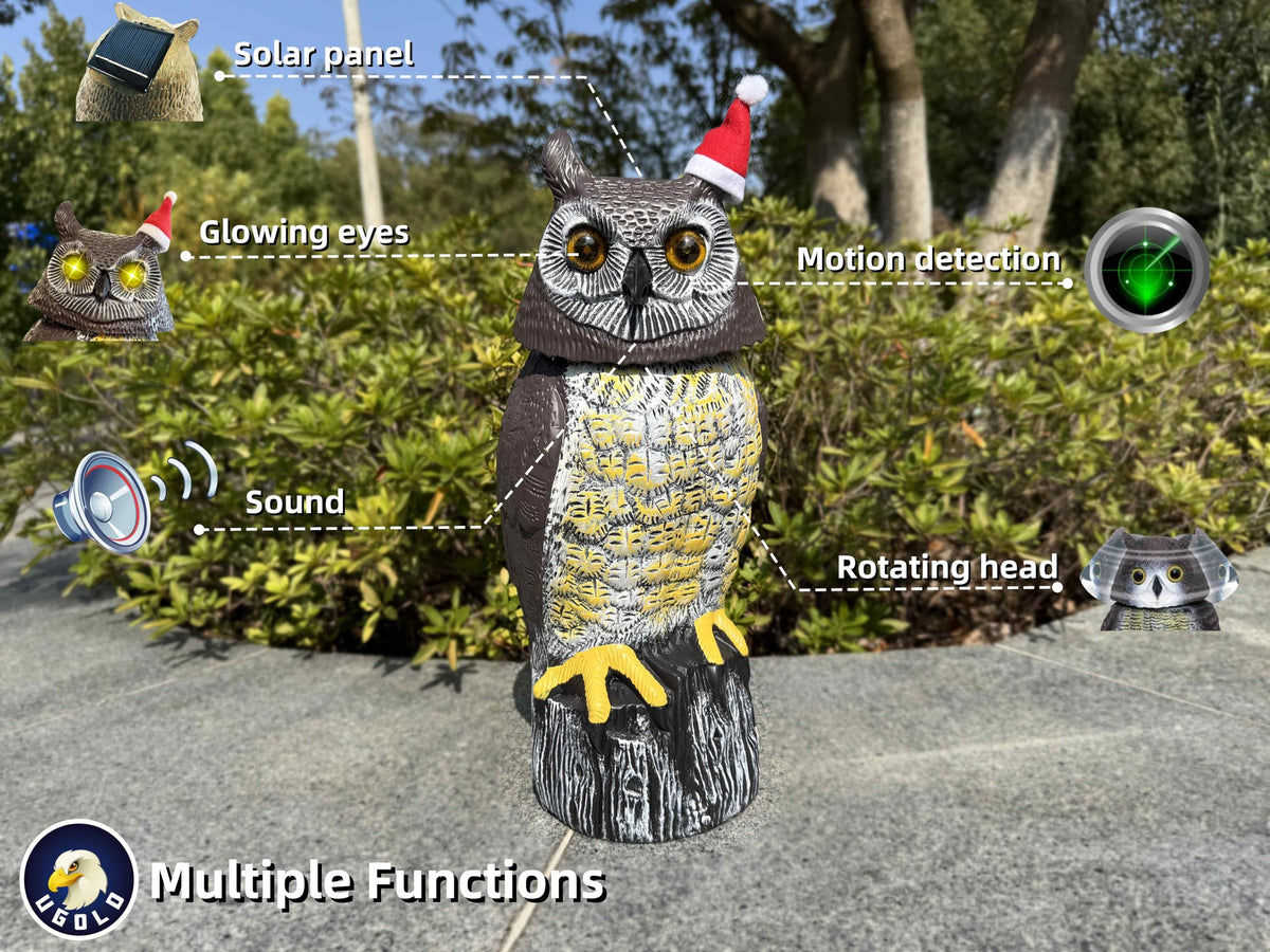 Ugold owl motion-activated eyes brighten the scene at dusk.