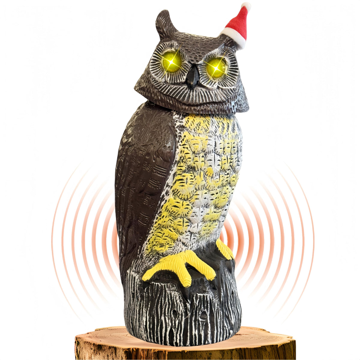 Ugold owl statue solar panel back charges outdoors in sunlight.