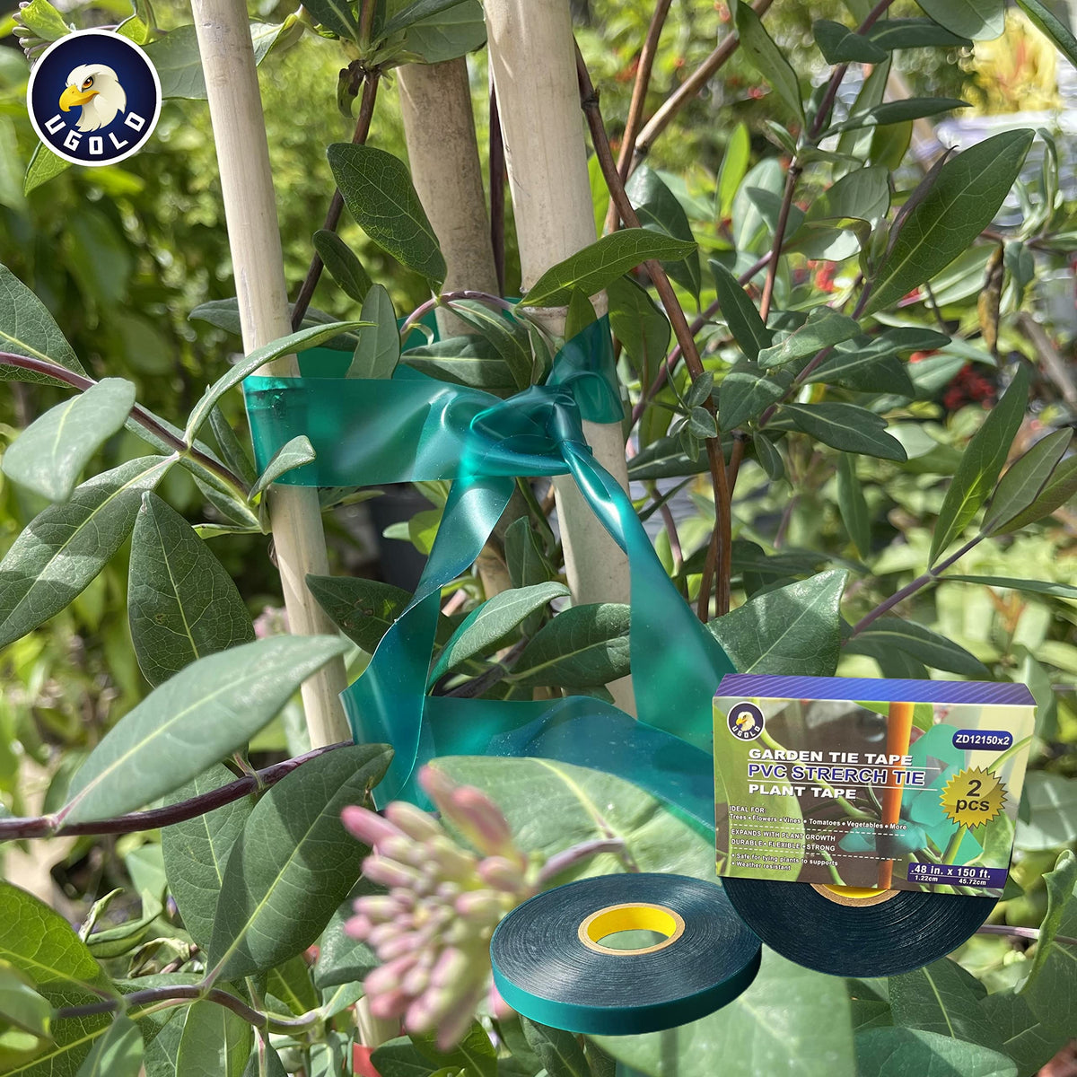 Ugold tomato garden tie in use securing a stem.