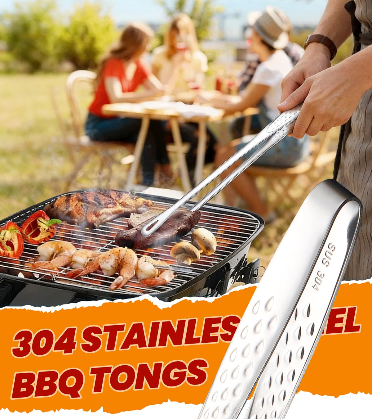 UGotit 11-inch BBQ tongs on grill demonstrates long reach away from heat.