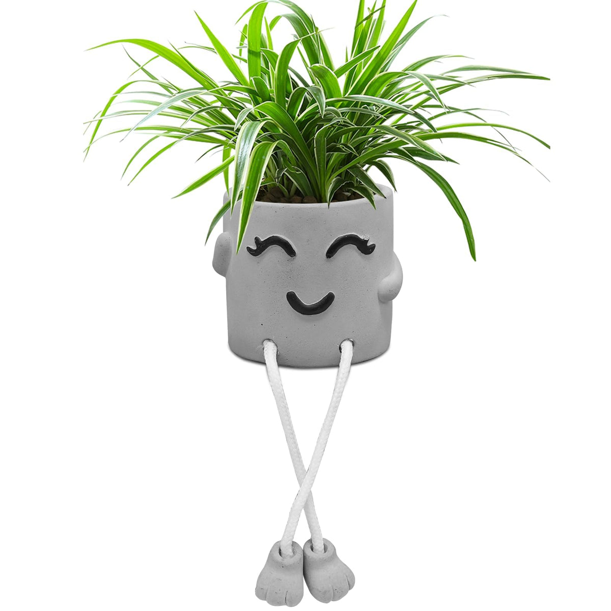 Uguisu smiley cement planter in gray adds cheerful desk decor.