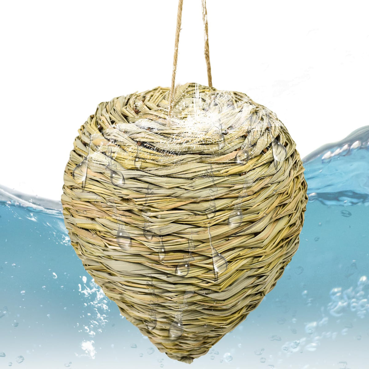 Ugyan 10-inch hanging wasp nest decoy deterring wasps outdoors.