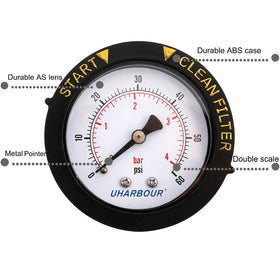 Uharbour gauge designed for pool, spa, and aquarium filtration monitoring.