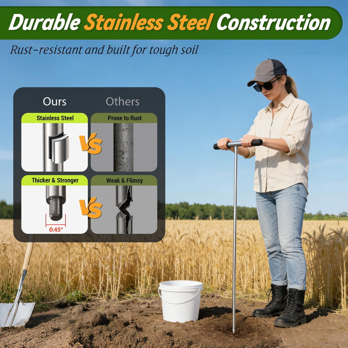 UIABOPZ soil probe rod stainless steel shaft resists rust in moist soil.
