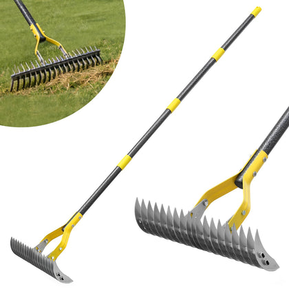 UIABOPZ Thatch Rake removes dead grass with a 15-inch head to improve soil health.