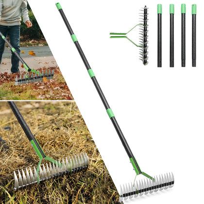 UIABOPZ Thatch Rake with 21-tine head lifts thatch for a cleaner lawn