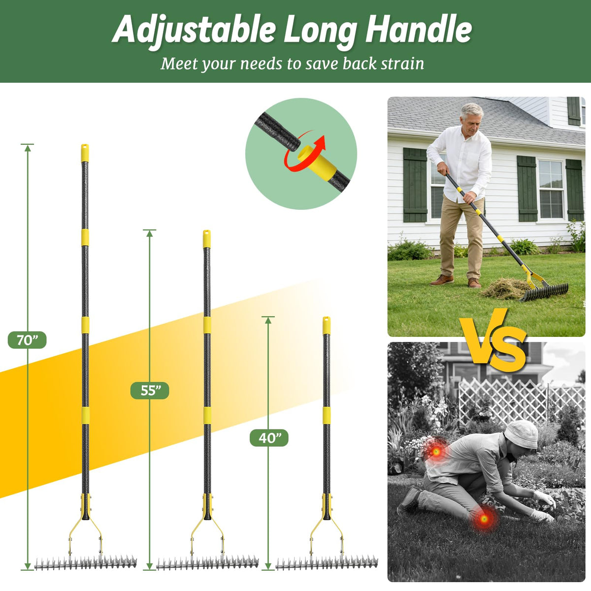 UIABOPZ Thatch Rake dual-sided head enables deep dethatching and surface cleanups.