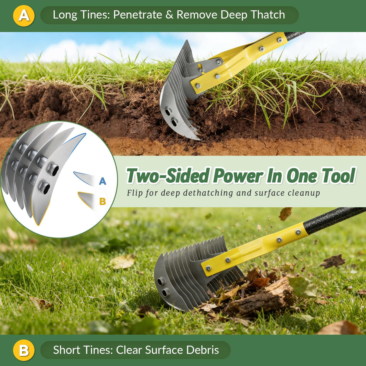 UIABOPZ Thatch Rake manganese steel head delivers lasting durability.