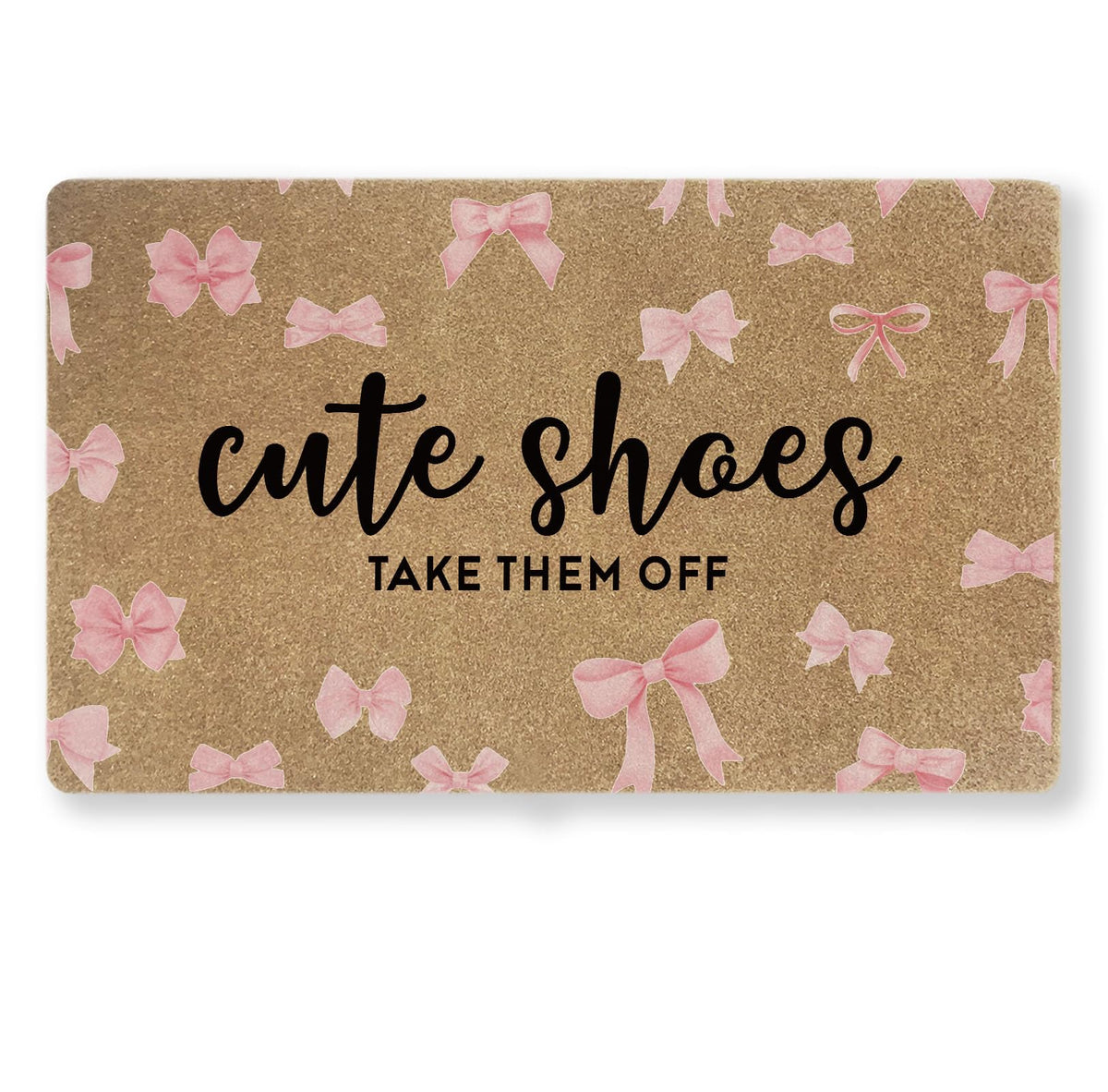 Uilatyu pink bow doormat 30x17 showing durable faux coir and welcoming design.