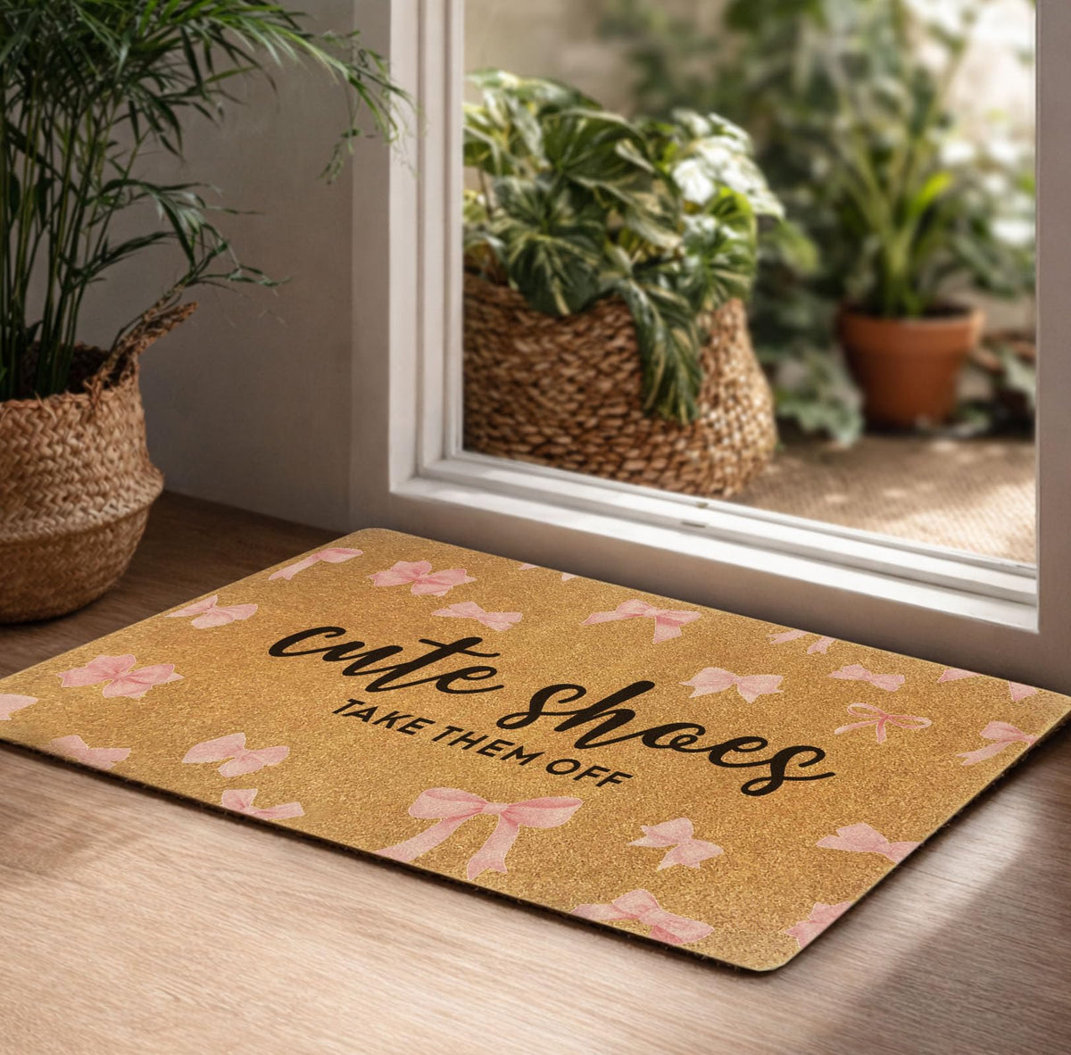 Uilatyu pink doormat highlights decorative bow motif and practical dirt control.