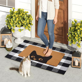 UINI buffalo plaid door mat close-up showing soft fabric and stylish checkered pattern.