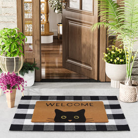 UINI cat doormat with green eyes greets guests and traps dirt