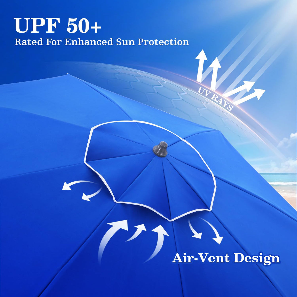 UIRWAY beach umbrella with sand-anchor base stabilizing on sand