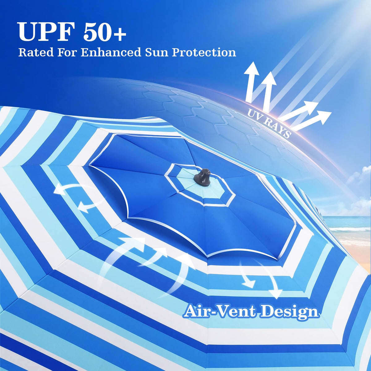 UIRWAY sand anchor base keeps the umbrella securely in wind-prone sand.