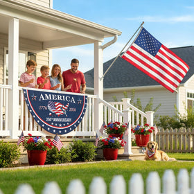 Uivebres 250th Anniversary Bunting Flag displayed indoors for commemorative home decor