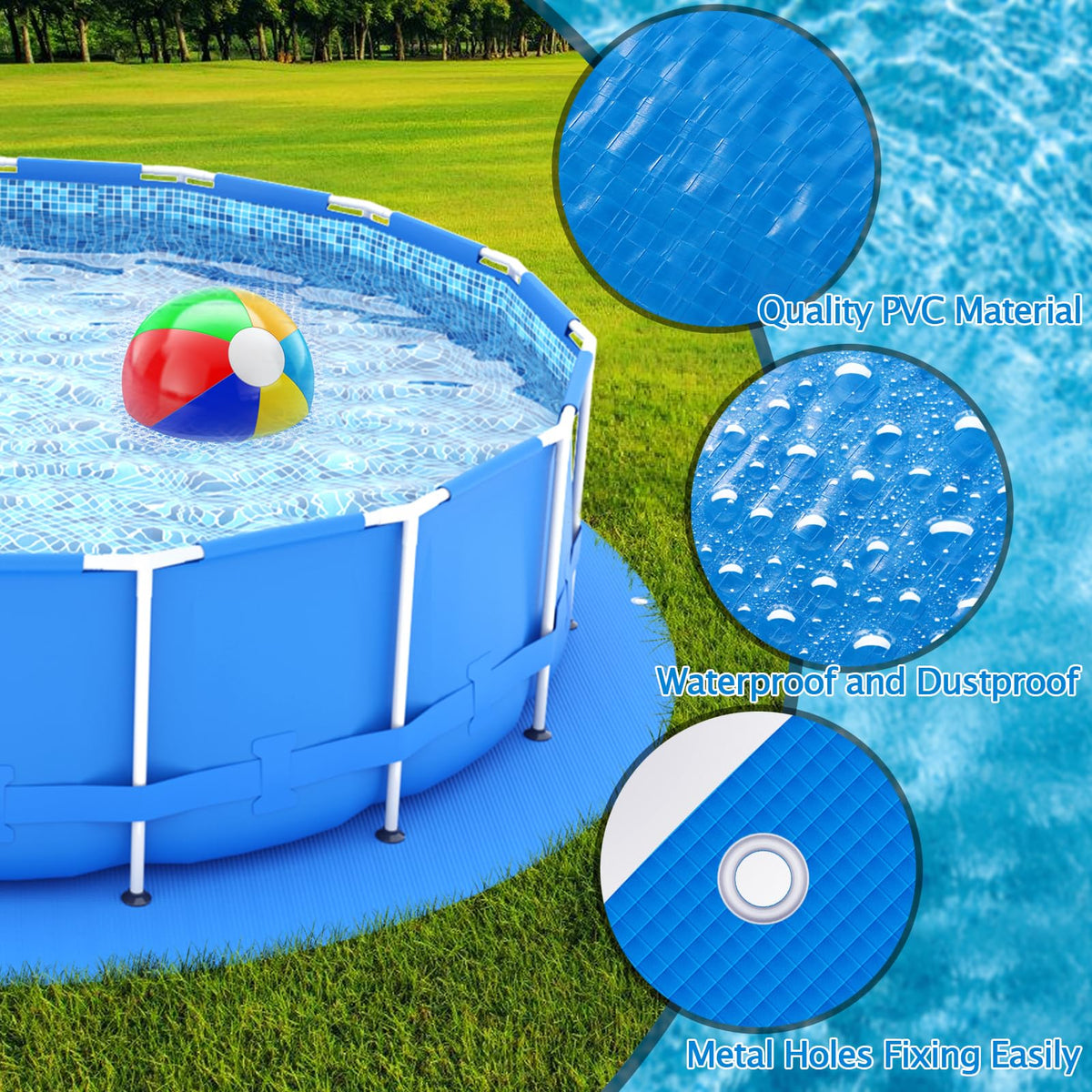 UJG edge with button holes aids sturdy setup of the pool cloth.