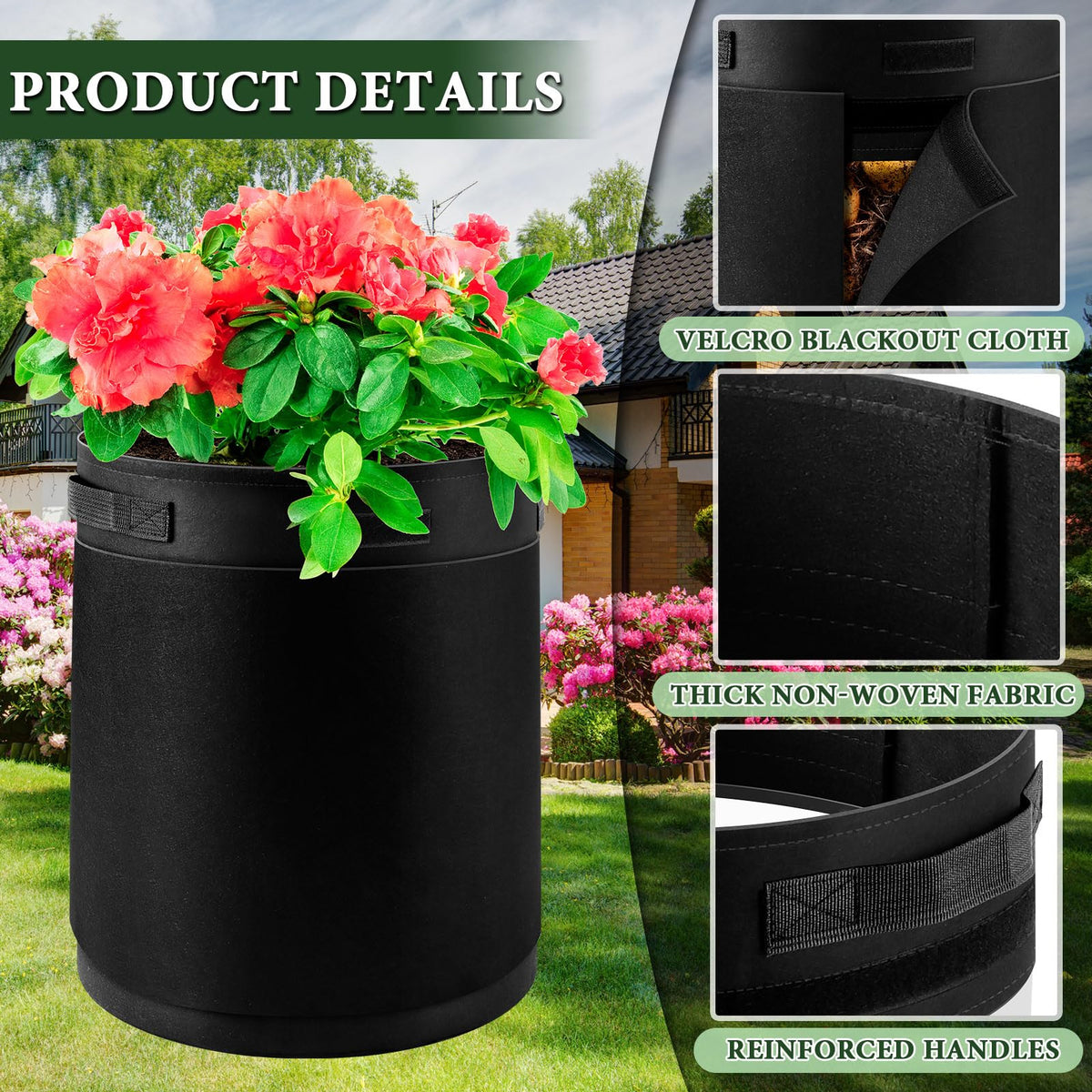 UJG grow bag features sturdy handles for easy relocation.