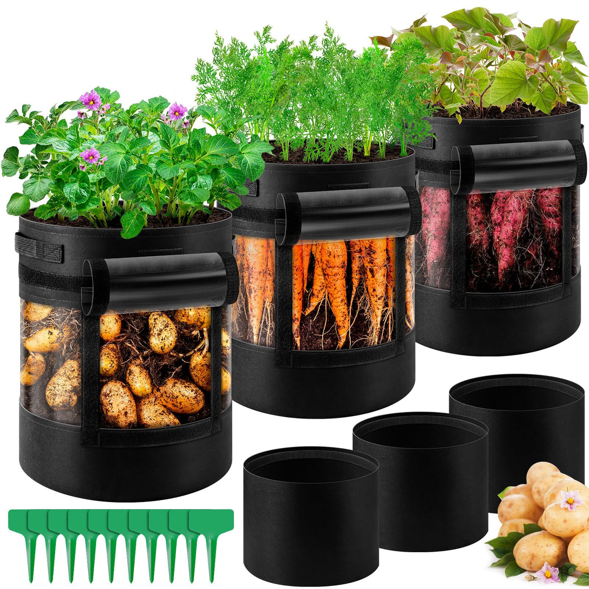 UJG potato grow bag with 360-degree visibility for easy root viewing in the garden.