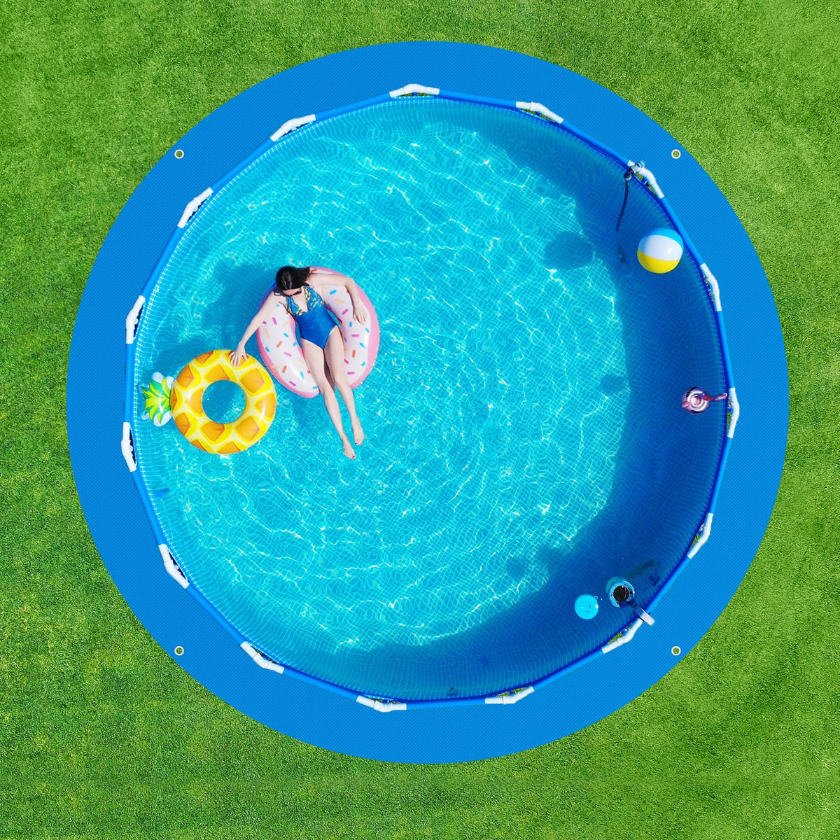 UJG protective pool base cloth fits most round above-ground pools.
