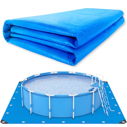 UJG 18x18 blue pool ground cloth protecting the pool liner.