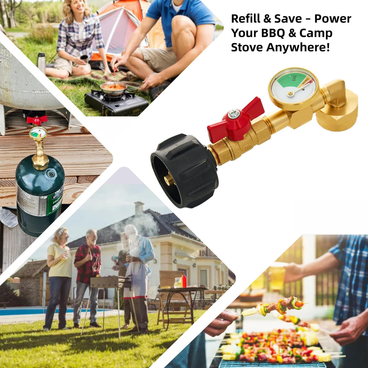 UJW brass propane adapter highlighting durable construction and secure seals.