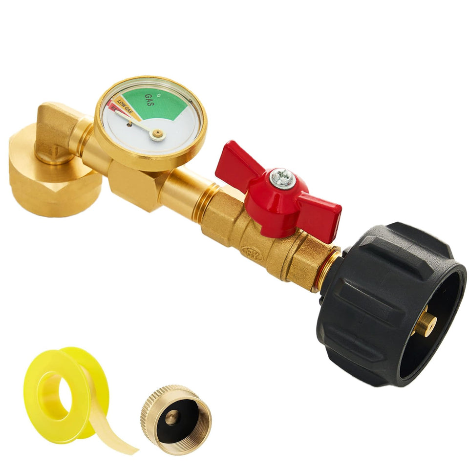 UJW propane refill adapter with valve and gauge for quick, precise refills.